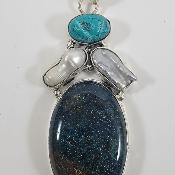Goldstone Pendant Necklace – With Turquoise & Pearls + 20" Silver Chain - Picture 3 of 10